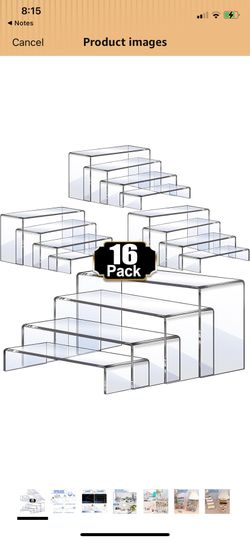 Display Risers, 16 Pcs 4 Set(7”L~8”L~9”L) Acrylic Riser Display Shelf, Clear Risers Display Stands