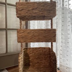 Rustic Boho Modern Woven Seagrass 3 Tiered Stacked Storage Unit, Bins, Shelves | Dining, Kitchen, Closet, Office, Desk, Utility Storage