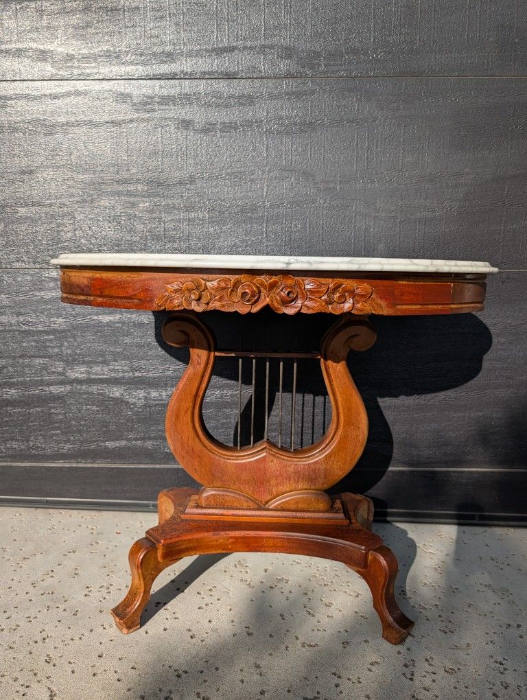 Antique Vintage Mahogany End Table With Italian Marble Top Harp Rose Design