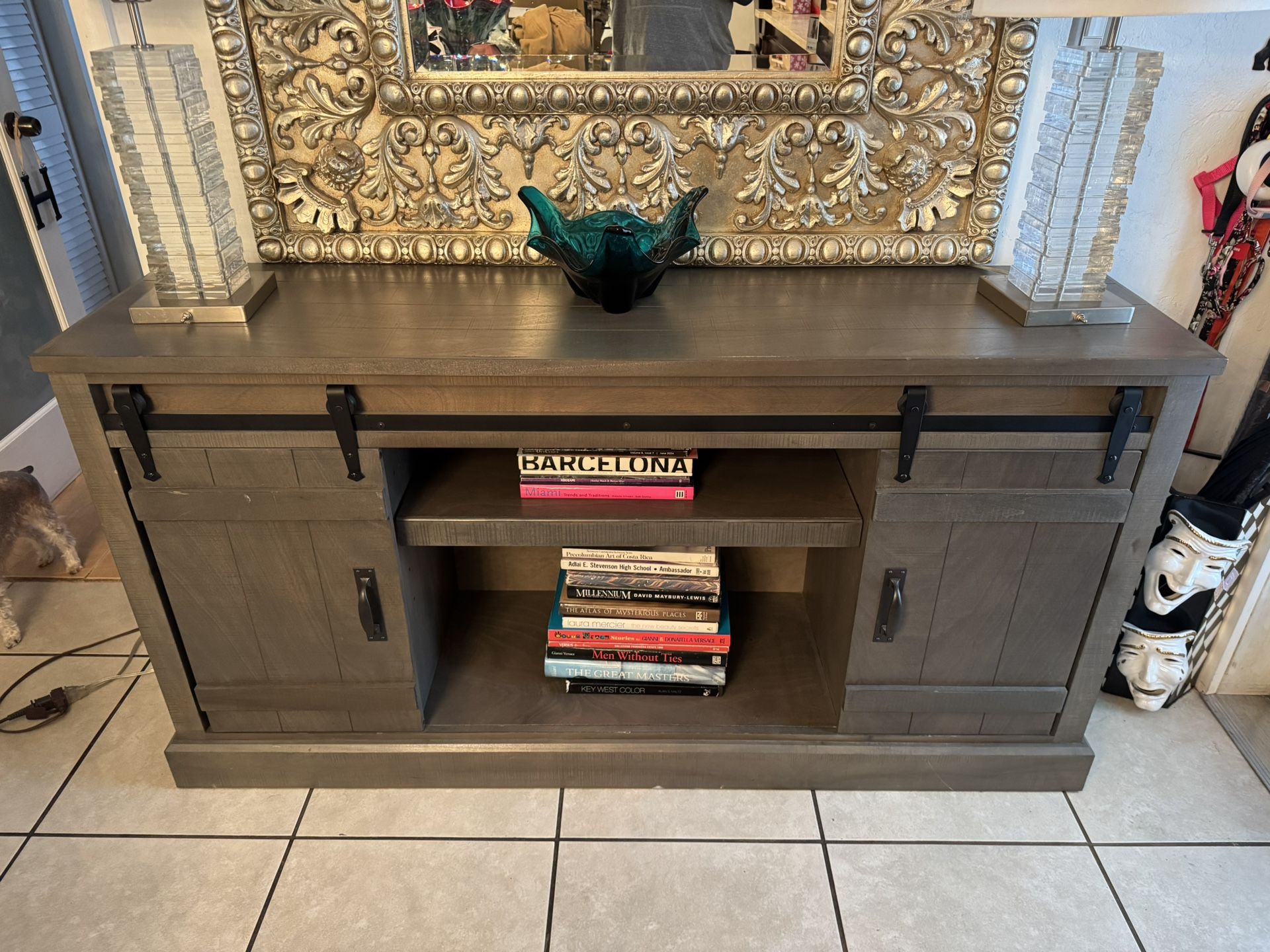 Tamworth TV Stand for TVs up to 75" barnwood doors. Grey wood.