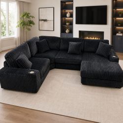 Large Black Corduroy U-Shape Sectional Sofa