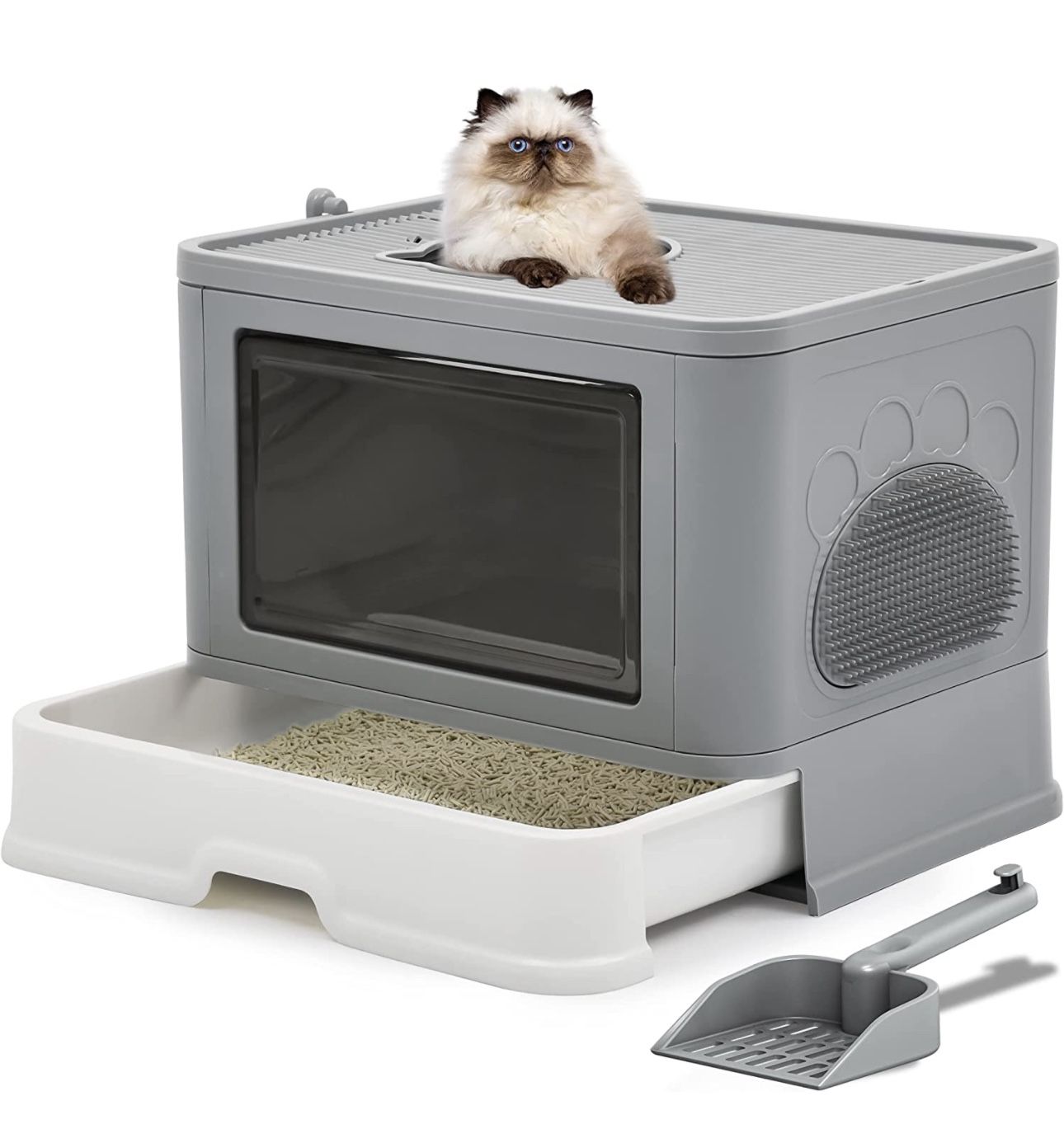 BingoPaw Large Cat Litter Box: Kitty Covered Top Entry Litter Tray Pan with Self-Groomer and Lid - Indoor Foldable Litterbox with Drawer for Small Med