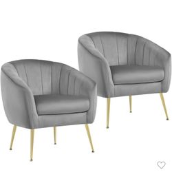 Set of 2 Channel Tufted Accent Armchairs with Gold Metal Legs for Living Room, Gray
