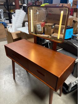 Solid Wood Vanity with Mirror and Lights, Adjustable Brightness, Wood Makeup Vanity with 3 Drawers, Semi-Assembled, Vanity Desk for Bedroom (Walnut)