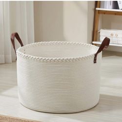 XLarge Round Cotton Rope Storage Basket Bin Organizer Laundry Hamper with Leather Handles, 21 x 21 x 14