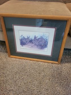 Framed art rabbits bunnies approx 18x22"