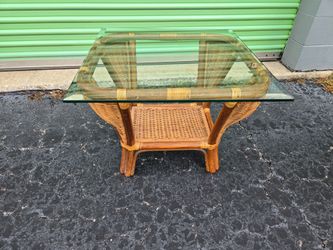 Wicker and Rattan Glass Top Side Table with Lower Shelf