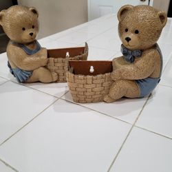 2 TEDDY BEAR BURWOOD 2947 WALL POCKETS CHILD'S DECOR PLAQUES 1989 HOMCO 