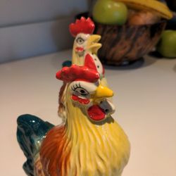 Vintage Rooster Hen Salt & Pepper + Creamer & Sugar On The Bottom