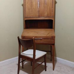 Mid-Century Modern Drop Front Secretary Desk Bookcase Walnut and Pecan.