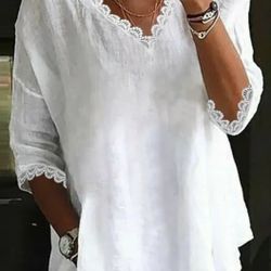 BLOUSE-WOMENS WHITE COTTON BOHO LACE VNECK