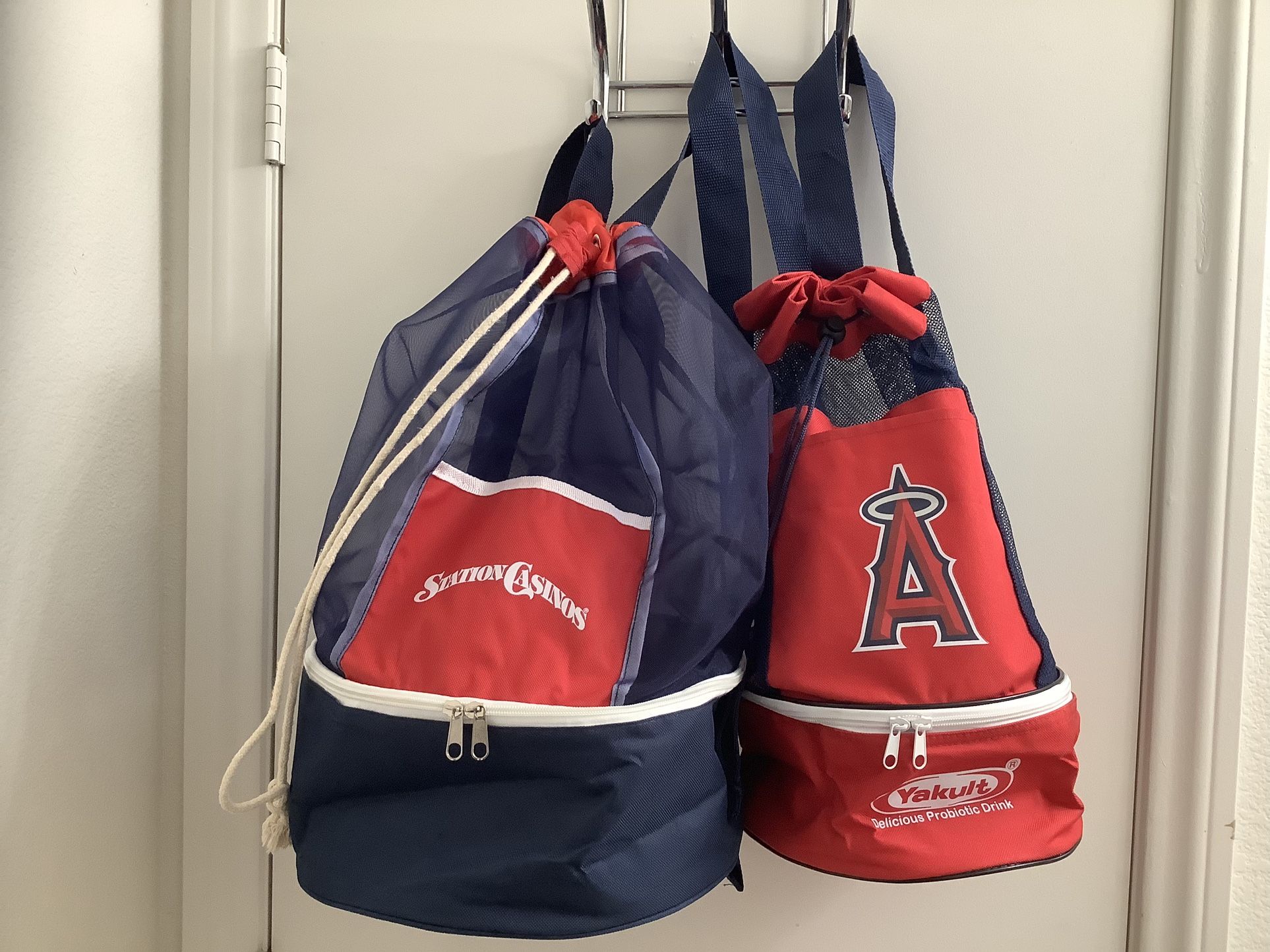 2 Large (Station Casinos) & Medium (Los Angeles Angels) Drawstring Mesh Backpack With Round Bottom Zipped Cooler, (Red, Blue, White)