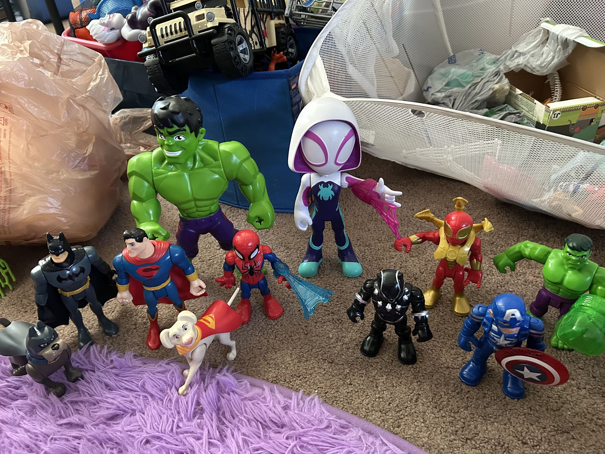 Used Superhero Figures And Disney Barbie Dolls 