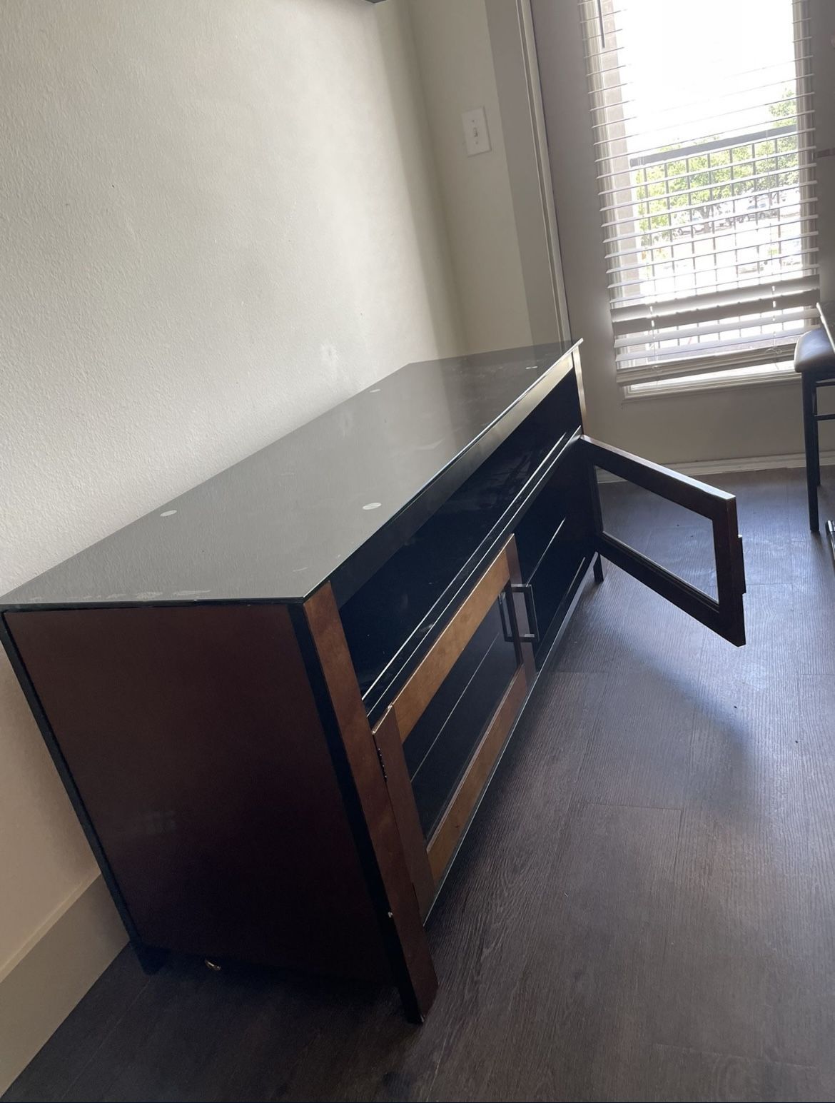 wood and glass media console / TV stand with storage