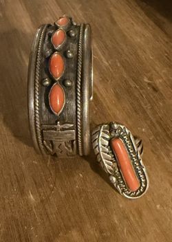 Vintage Silver And Coral Southwest Bracelet And Ring