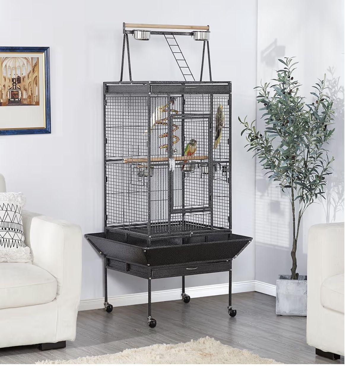 69-inch Wrought Iron Rolling Large Parrot Bird Cage for African Grey Small Quaker Amazon Cockatiel Sun Parakeet Green Cheek Conure Dove Lovebird Budgi