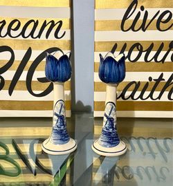 Vintage Delft Dutch Blue Tulip Candle Holder Set
