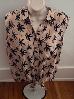 Equipment Femme 100% silk cream tie front button up with palm tree design shirt, size XS