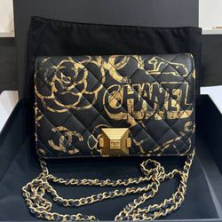 Chanel Graffiti Wallet on a Chain black and gold