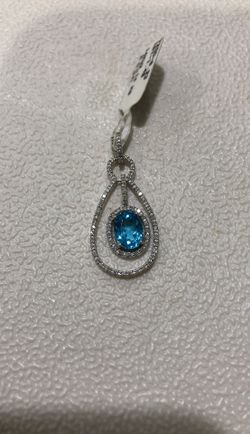 14KT white gold diamond, blue topaz pendant, charm.