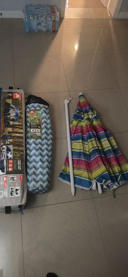 Ozark Trail 6-Person Instant Cabin Tent, Mesh Lounge Chair, and Beach Umbrella