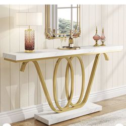 New 55" Modern White and Gold Faux Marble Sofa/console Table