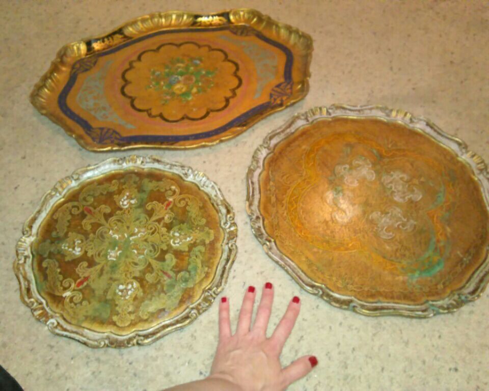 3 Antique Italian Hand Painted Wooden Florentine Trays