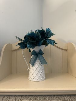 Christmas Decor 🎄 White Metal Pitcher With Teal Faux Poinsettia 