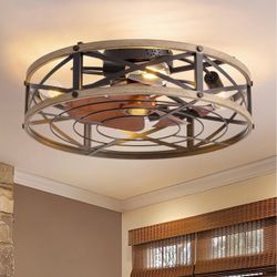 24 Inch Caged Flush Mount Ceiling Fan with Light, Farmhouse Fandelier Bladeless Ceiling Fans with Remote, Large Low Profile Bladeless Fandelier, Rusti