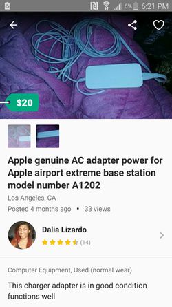 Apple genuine Ac adapter power for Apple airport extreme base station model number A1202