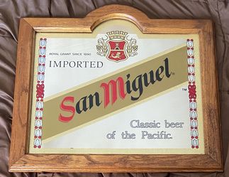 1970s Oak Framed Imported San Miguel Beer Advertising Mirror Sign 23" x 21" RARE