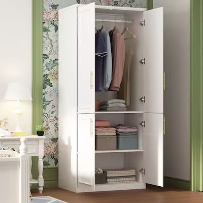 FUFU&GAGA White Armoire 4-Door-Wardrobe-Closet-with-Metal-Rods-and-Storage-Shelves。