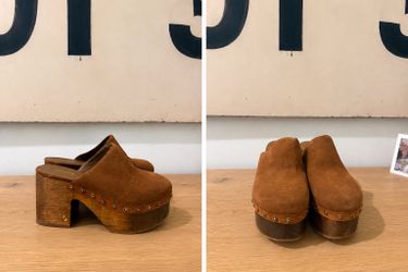 Larroudé Miso Wooden Platform Clogs – Peanut Suede – 9.5