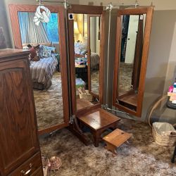 Antique Oak & Iron Trifold Tailors Haberdashers Dressing Mirror