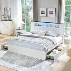 Modern King Size Bed Frame with 47" Tall Storage Headboard, 4 Drawers, Charging Station, Led Light, Wood Platform Bed with Solid Wood Slats