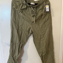 Olive Green women’s linen-blend jogger pants or casual drawstring utility pants.