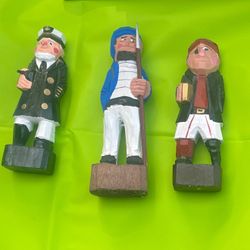 Vintage Nautical Wood Carved Figurine Set - Pirate, Fisherman, Sea Captain