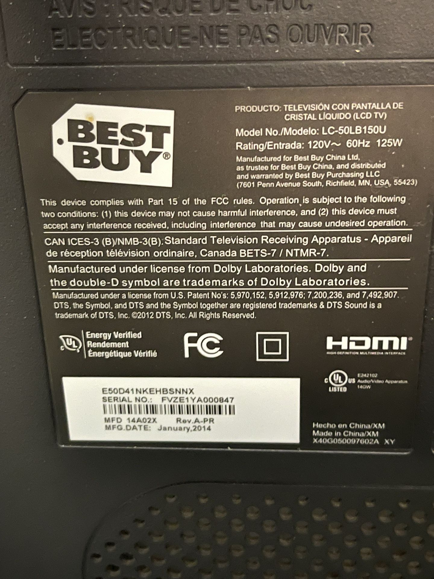 50” Sharp TV With stand