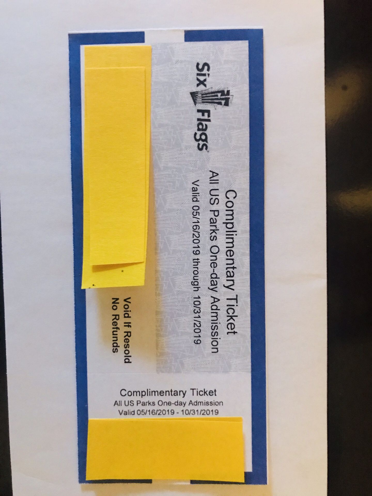 SIX FLAGS COMPLIMENTARY TICKET! ALL US PARKS ONE-DAY ADMISSION! VALID UNTILL 10/31/2019. PRICE IS $30.