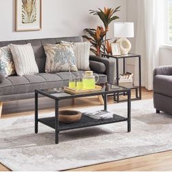 Outdoor Wicker Coffee Side Table, All-Weather Rattan Patio Storage Furniture with Tempered Glass Top for Garden, Black