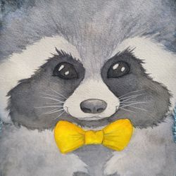 Watercolor Ricky Racoon Shabbychic Wood Frame Nursery Painting Art