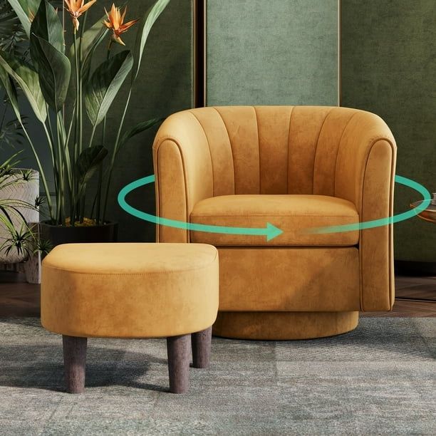 Swivel Accent Chair with Ottoman, Velvet Barrel Chair for Living Room, Yellow