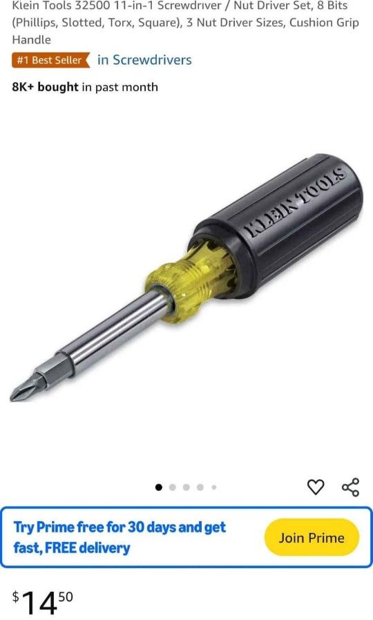Klein Tools 32500 11-in-1 Screwdriver / Nut Driver Set, 8 Bits (Phillips, Slotted, Torx, Square),
