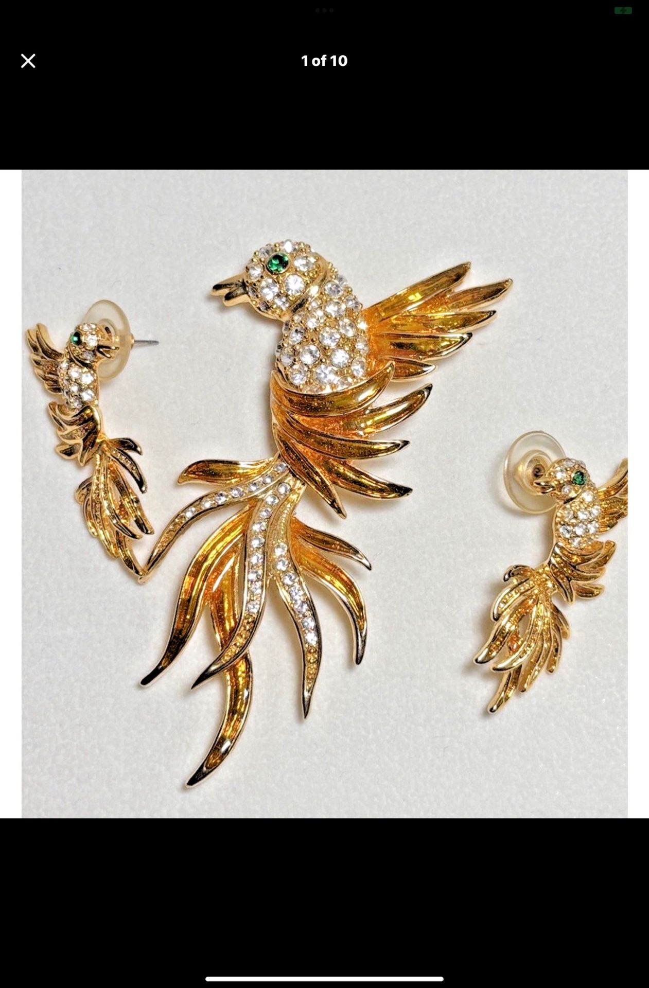Vtg Set 3, Bird of Paradise Lg 3" Enamel Rhinestone Chrystal Pin Brooch/Earrings