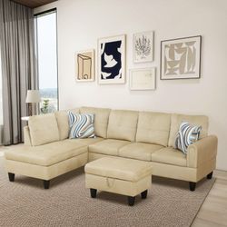 Beige flannel sectional couch family living space ottoman set home furniture for sale
