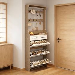 Hall Tree with Shoe Storage Cabinet and Coat Rack Slim Entryway Hall Tree with 3 Flip Drawers and 2 Storage Drawers for Narrow Halls and Mudroom White
