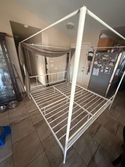 King size Metal Canopy bed frame in white