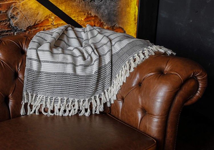 Luxury Fringe Throw Blanket Decorative Lightweight 100% Cotton |40”x71”| for Chair Couch, Boho Farmhouse Rustic Decor Turkish Towel + Evil Eye Beach B