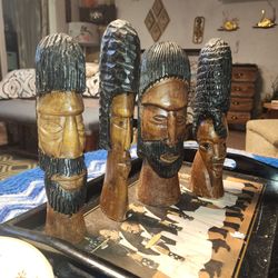 Set of 4 Hand-Carved Wooden African Head Sculptures