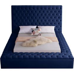 California King Size Upholstered Blue Bed With Ottoman Storage
